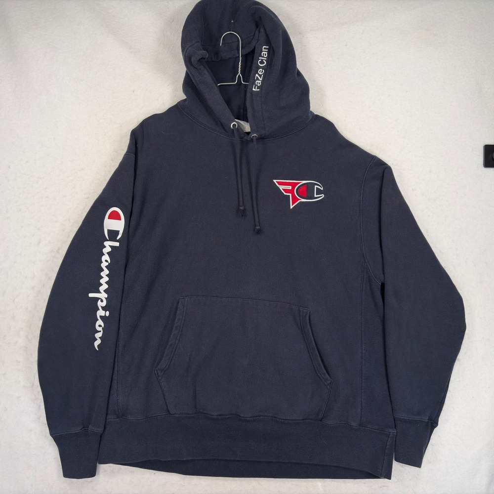 Champion FaZe Clan Reverse Weave Hoodie Navy Blue XL Sweatshirt Gaming Collab